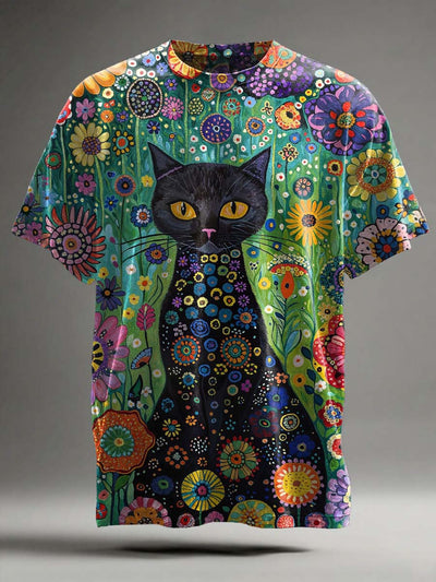 Floral Black Cat Print Casual Short Sleeve T-Shirt