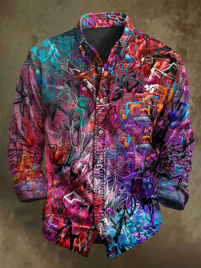 Oil Painting Abstract Color Clash Line Art Print Casual Long Sleeve Shirt