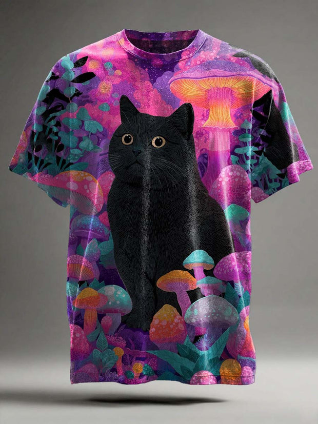 Fantasy Mushroom Black Cat Print Casual Short Sleeve T-Shirt