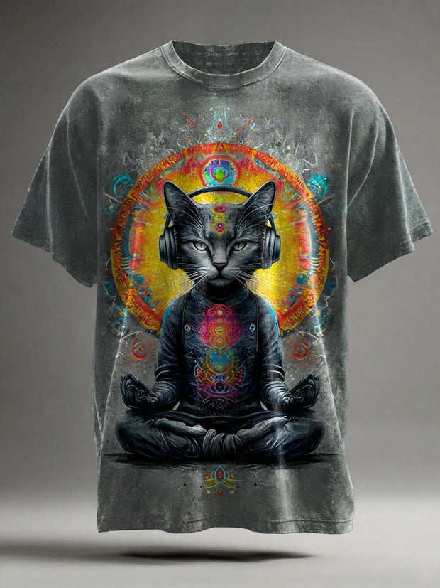 Abstract Meditation Cat Print Casual Short Sleeve T-Shirt