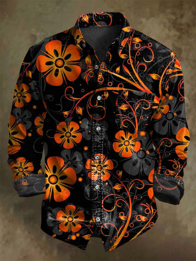 Vintage Abstract Floral Print Casual Long Sleeve Shirt