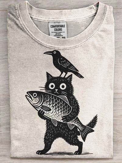 Funny Cat Crow Print Casual Short Sleeve T-Shirt