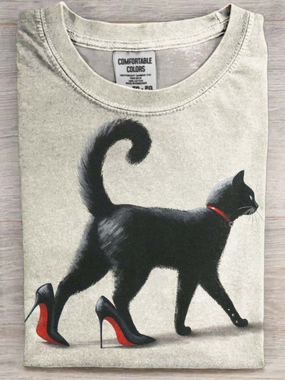 Funny Cat in High Heels Printed Casual Short Sleeve T-Shirt