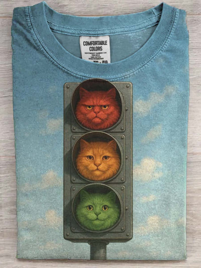 Quirky Stoplight Cat Print Casual Short-Sleeve T-Shirt