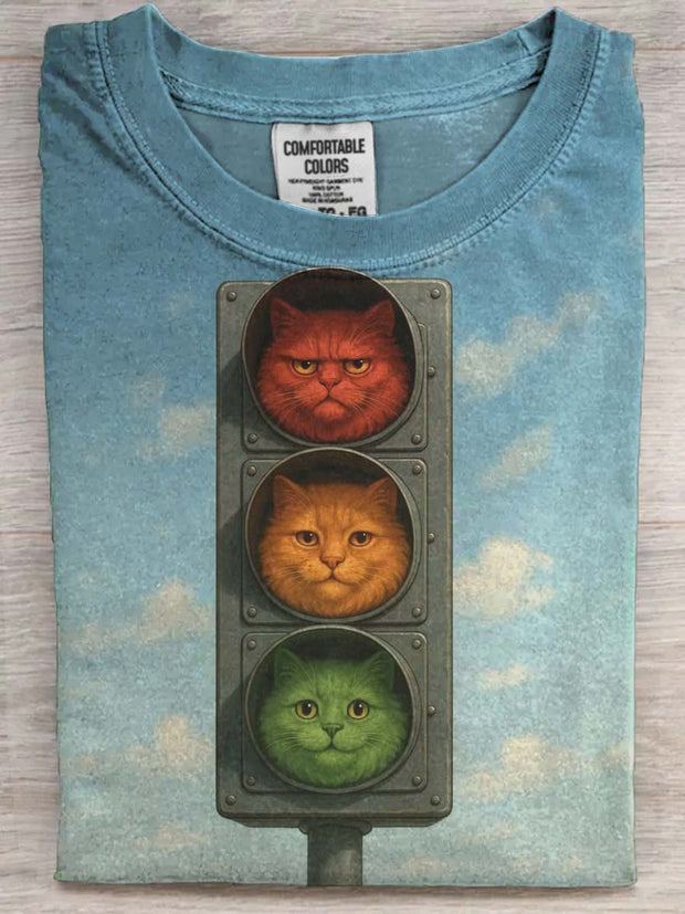 Quirky Stoplight Cat Print Casual Short-Sleeve T-Shirt