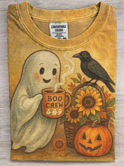 Halloween Ghost Raven Print Casual Short Sleeve T-Shirt