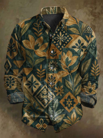 Vintage Patchwork Floral Print Casual Long Sleeve Shirt