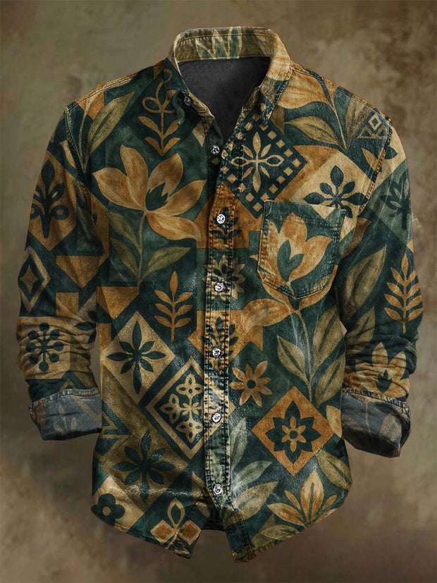 Vintage Patchwork Floral Print Casual Long Sleeve Shirt