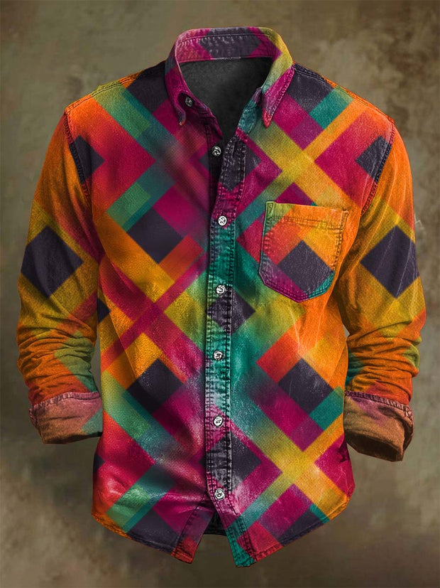 Vintage Color Clash Plaid Printed Casual Long Sleeve Shirt