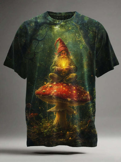 Gnome Elf Mushroom Print Casual Short Sleeve T-Shirt