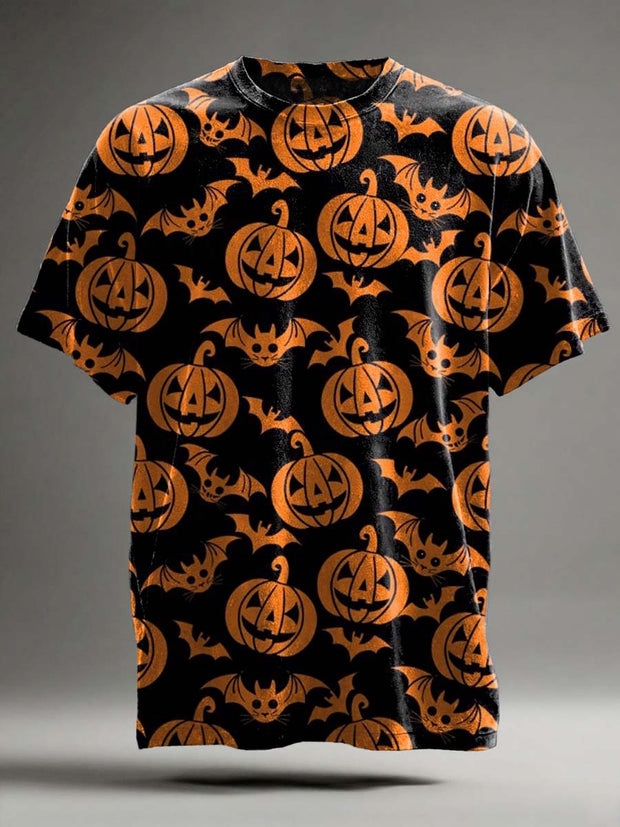 Halloween Pumpkin Bat Print Casual Short Sleeve T-Shirt