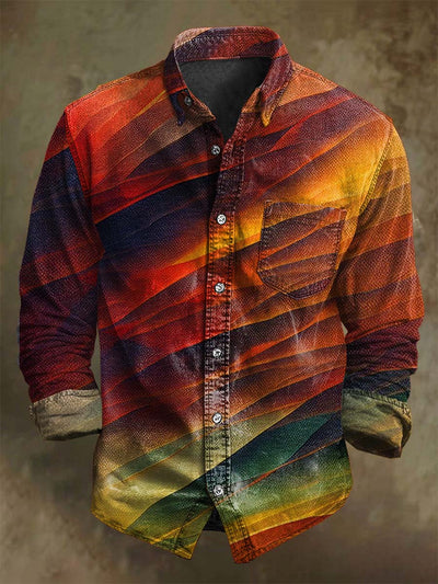 Colorful Stripes Rendered Abstract Print Casual Long Sleeve Shirt