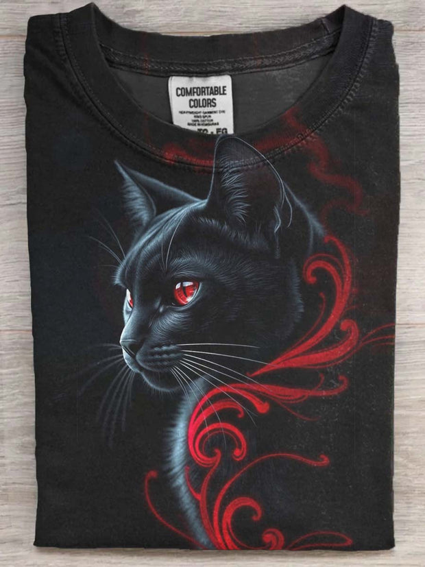 Halloween Black Cat Print Casual Short Sleeve T-Shirt