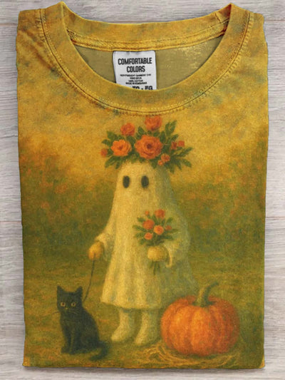 Halloween Cute Ghost Black Cat Print Casual Short Sleeve T-Shirt