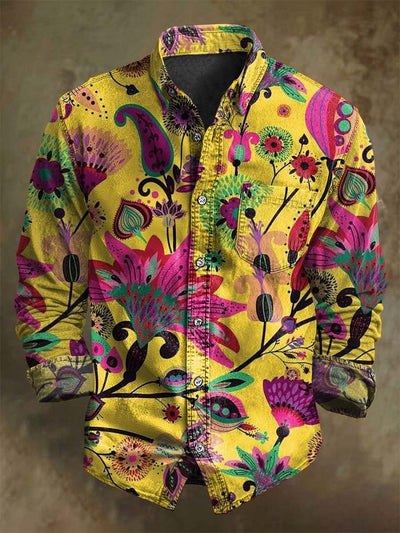 Vintage Paisley Floral Print Casual Long Sleeve Shirt