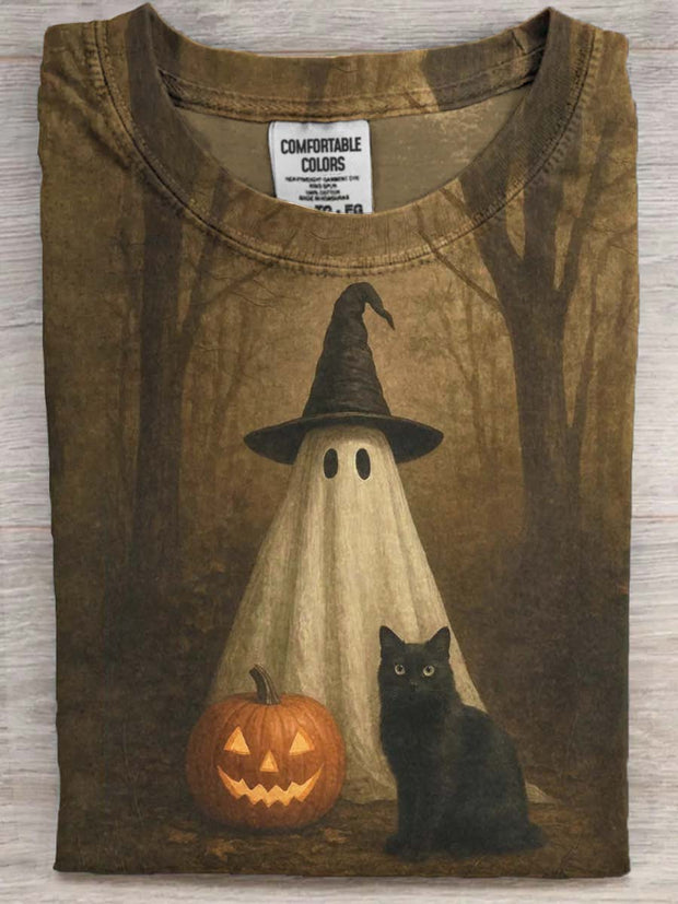 Halloween Cute Ghost Black Cat Print Casual Short Sleeve T-Shirt