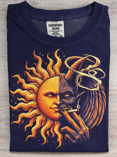 Sun and Devil Print Casual Short Sleeve T-Shirt