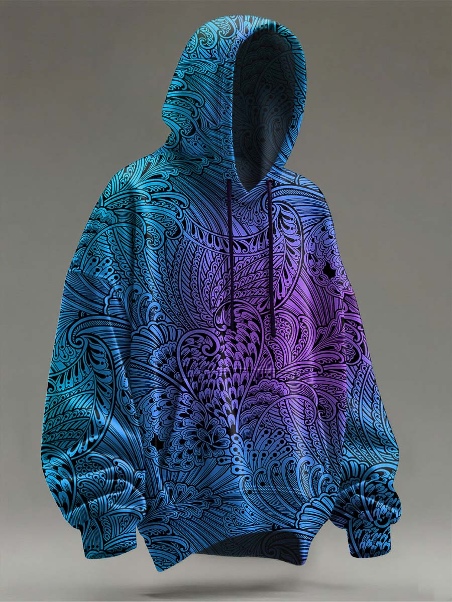Vintage Gradient Feather Print Casual Hooded Sweatshirt