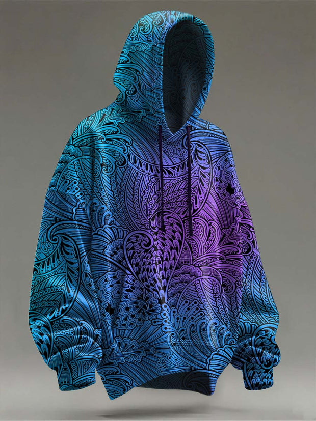 Vintage Gradient Feather Print Casual Hooded Sweatshirt
