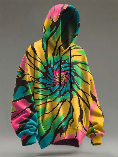 Abstract Colorblock Rendering Spiral Print Casual Hooded Sweatshirt
