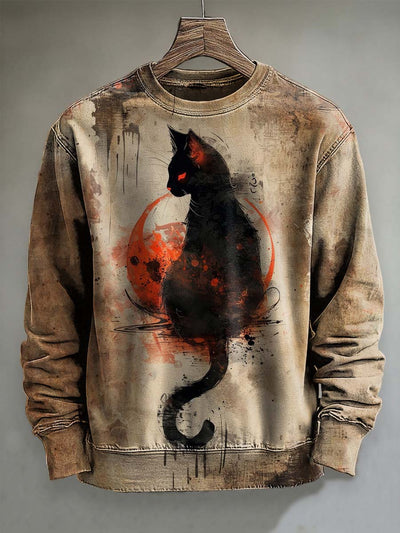 Abstract Black Cat Print Casual Long Sleeve Sweatshirt