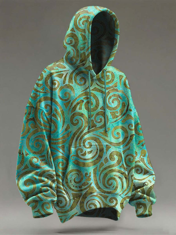 Vintage Spiral Print Casual Hooded Sweatshirt
