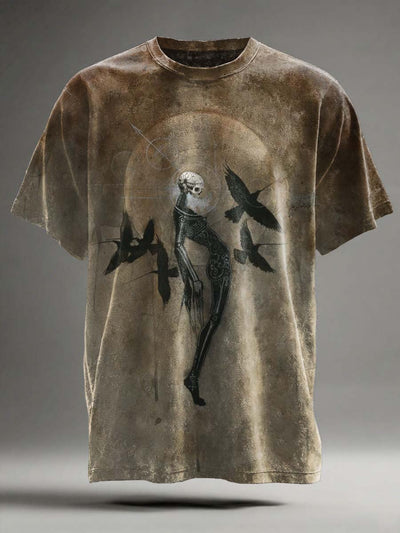 Halloween Skull Raven Print Casual Short Sleeve T-Shirt