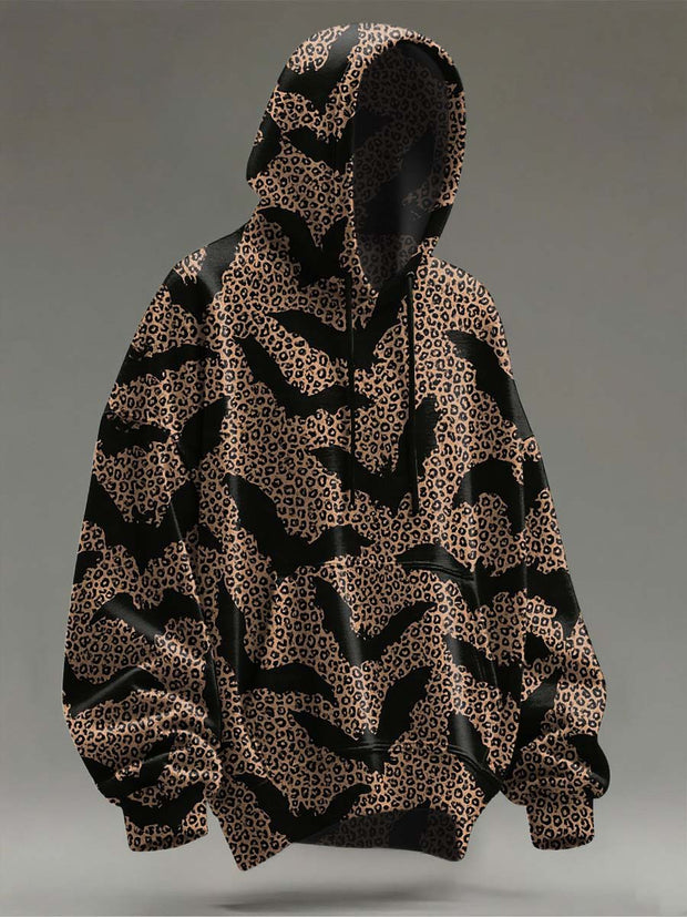 Leopard Print Bat Print Casual Hooded Sweatshirt