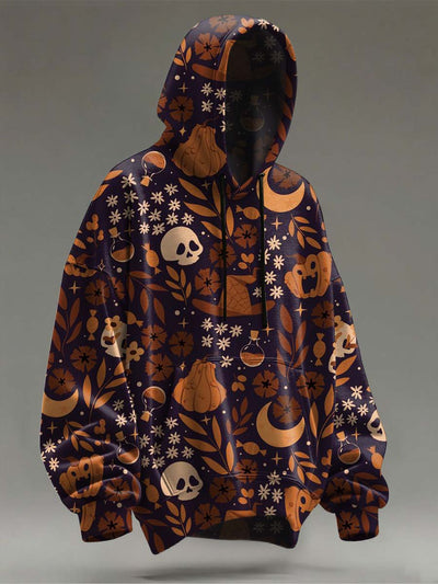 Halloween Skull Pumpkin Maple Leaf Print Casual Hooded Sweatshirt