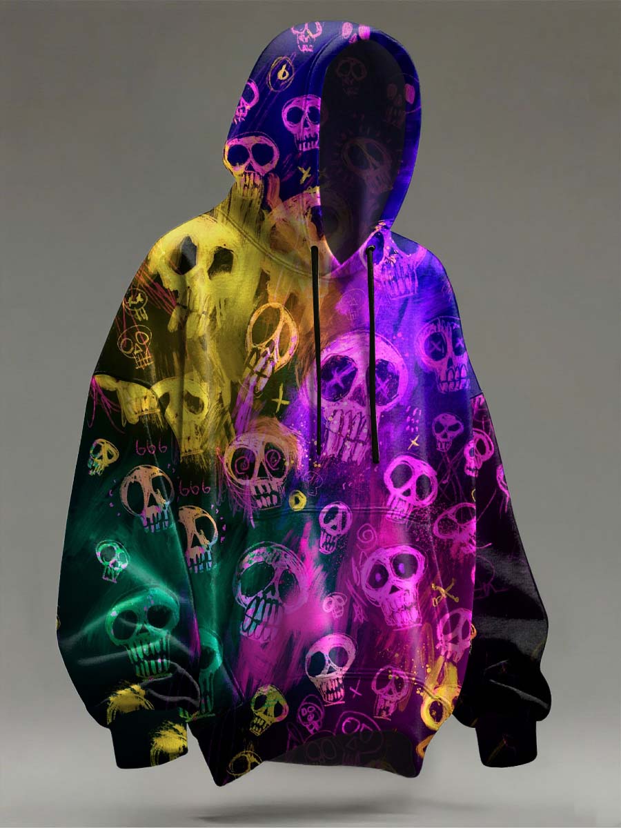 Halloween Color Gradient Skull Print Casual Hooded Sweatshirt