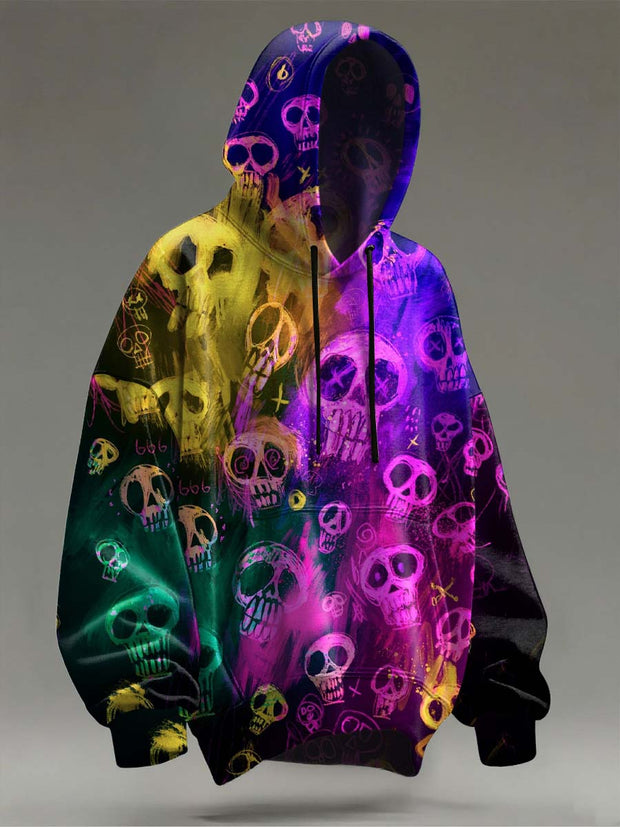 Halloween Color Gradient Skull Print Casual Hooded Sweatshirt