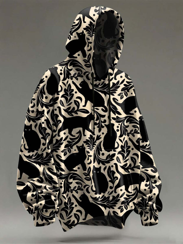 Halloween Black Cat Print Casual Hooded Sweatshirt