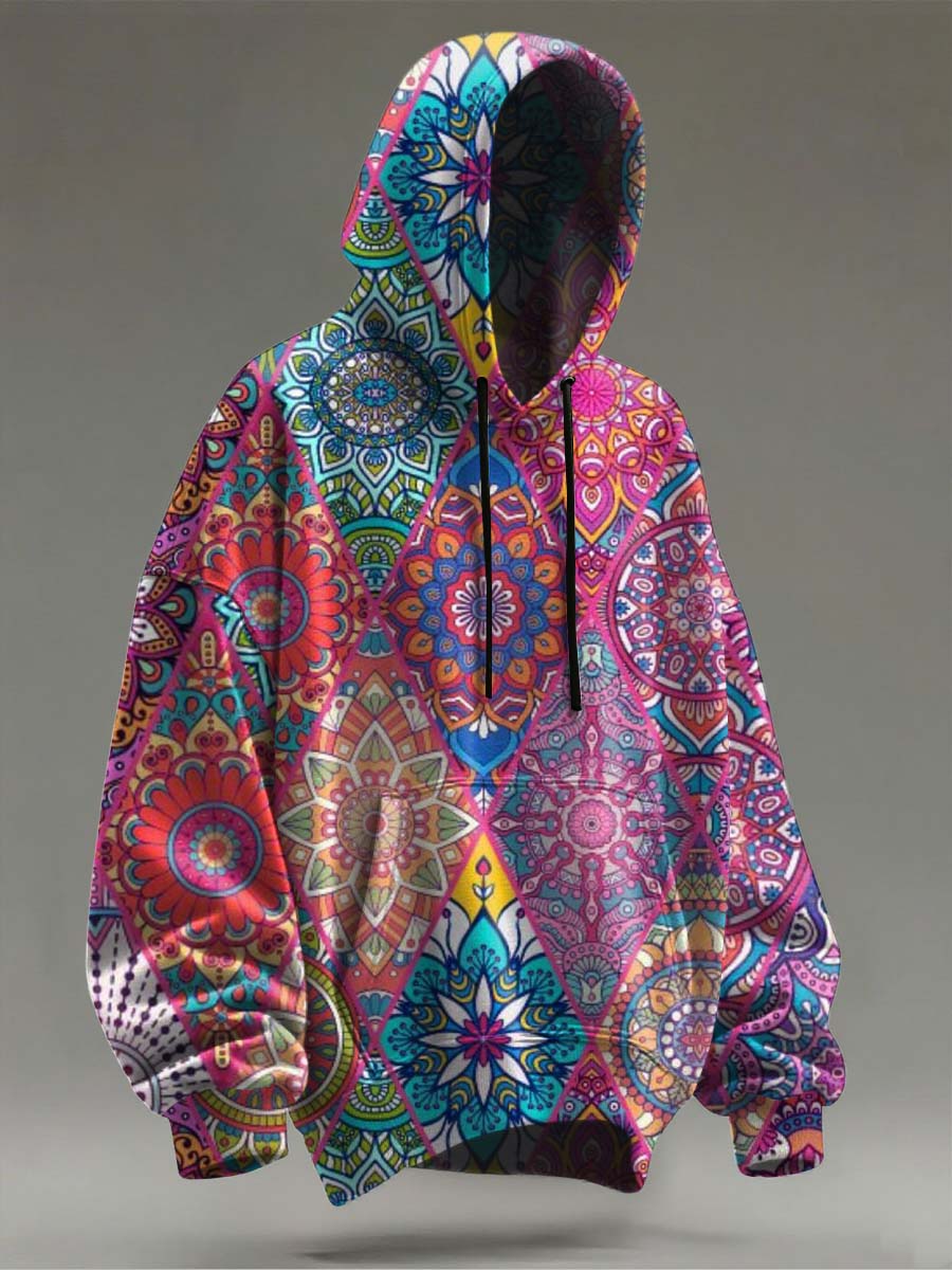 Colorful Mandala Floral Print Casual Hooded Sweatshirt