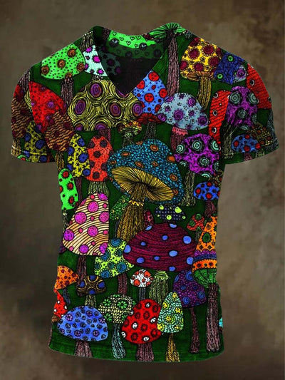 Abstract Colorful Mushroom Print Casual Short Sleeve T-Shirt