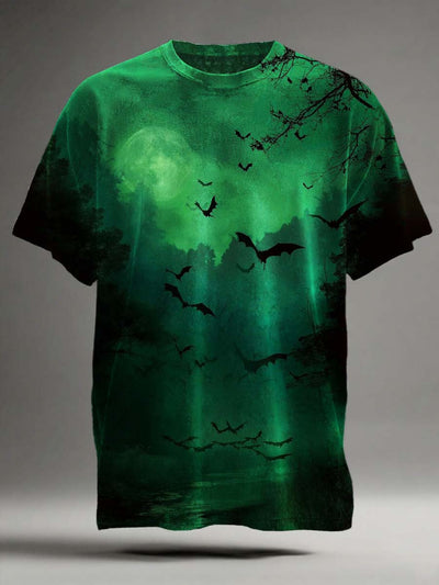 Halloween Midnight Bat Print Casual Short Sleeve T-Shirt