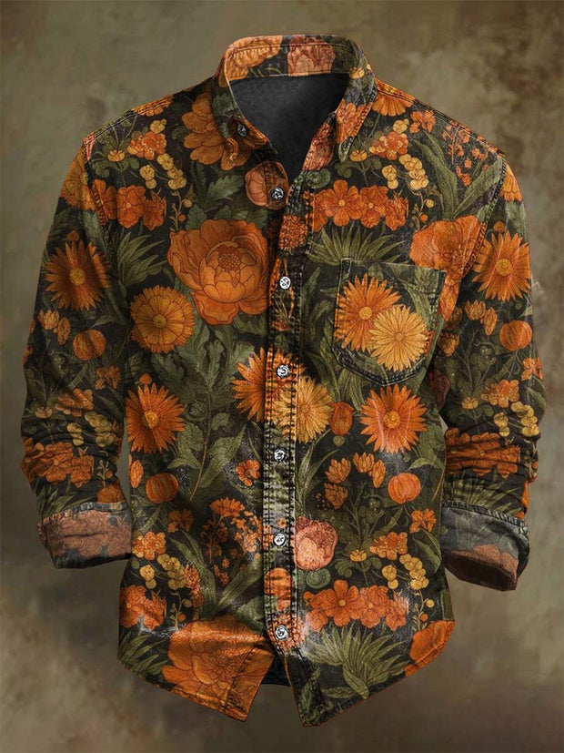 Vintage Floral Print Casual Long Sleeve Shirt
