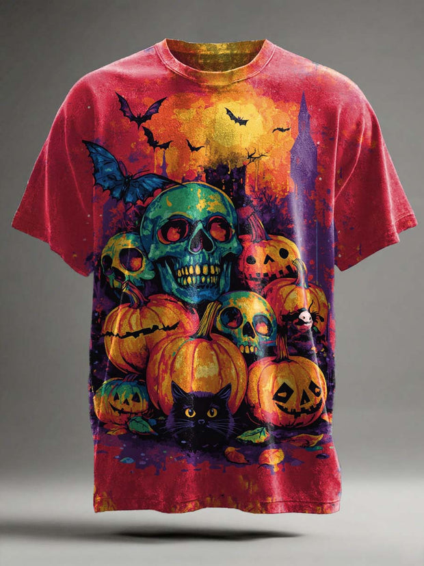Halloween Pumpkin Colorful Skull Print Casual Short Sleeve T-Shirt
