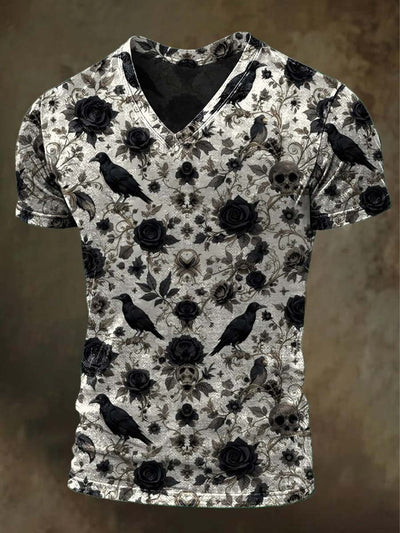 Raven Black Rose Print Casual Short Sleeve T-Shirt