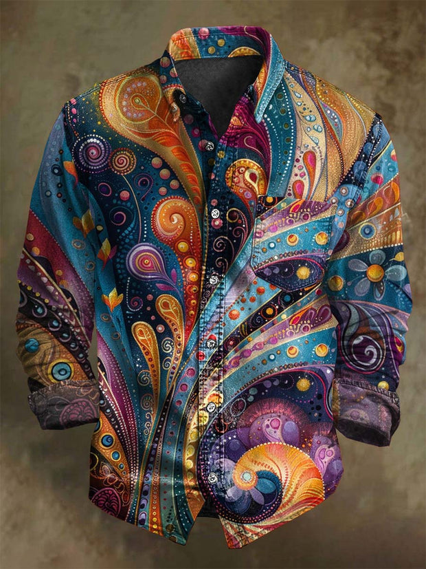 Colorful Abstract Floral Print Casual Long Sleeve Shirt