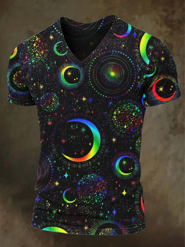 Galaxy Colorful Moon Print Casual Short Sleeve T-Shirt