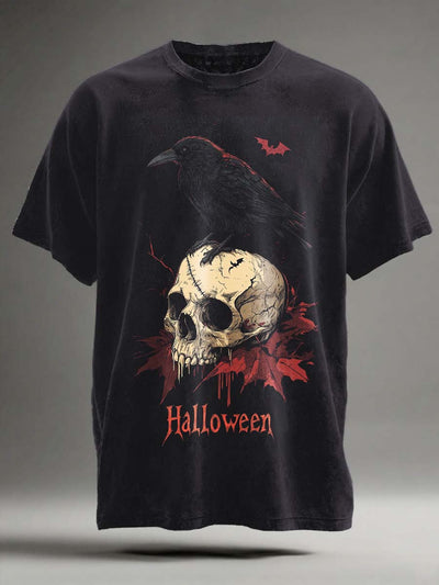 Halloween Raven Print Casual Short Sleeve T-Shirt