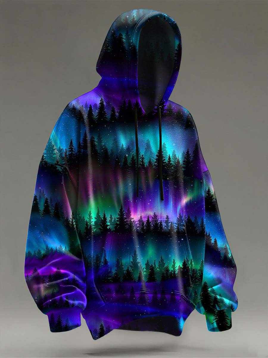 Abstract Aurora Forest Print Casual Hooded Sweatshirt