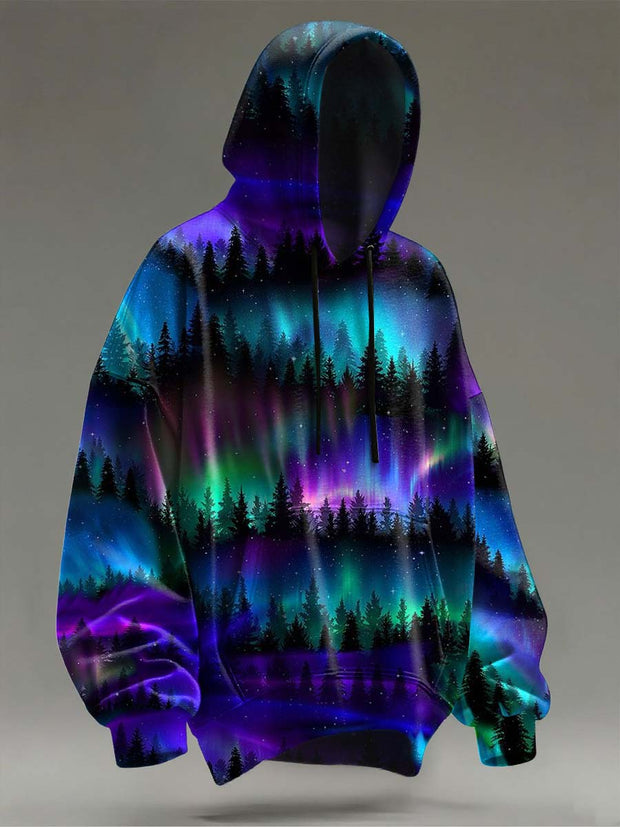 Abstract Aurora Forest Print Casual Hooded Sweatshirt