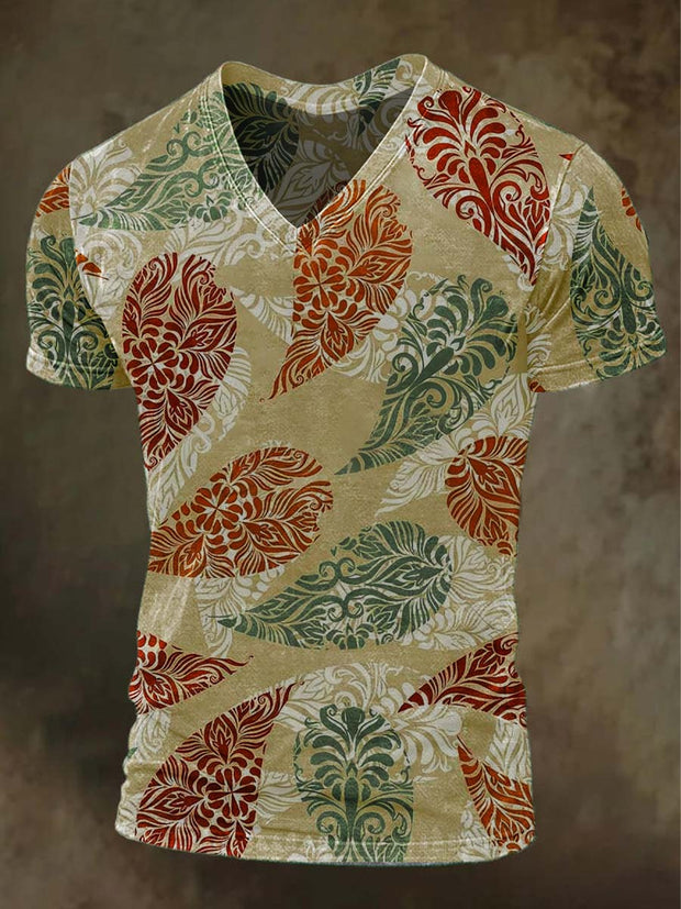 Vintage Floral Feather Print Casual Short Sleeve T-Shirt