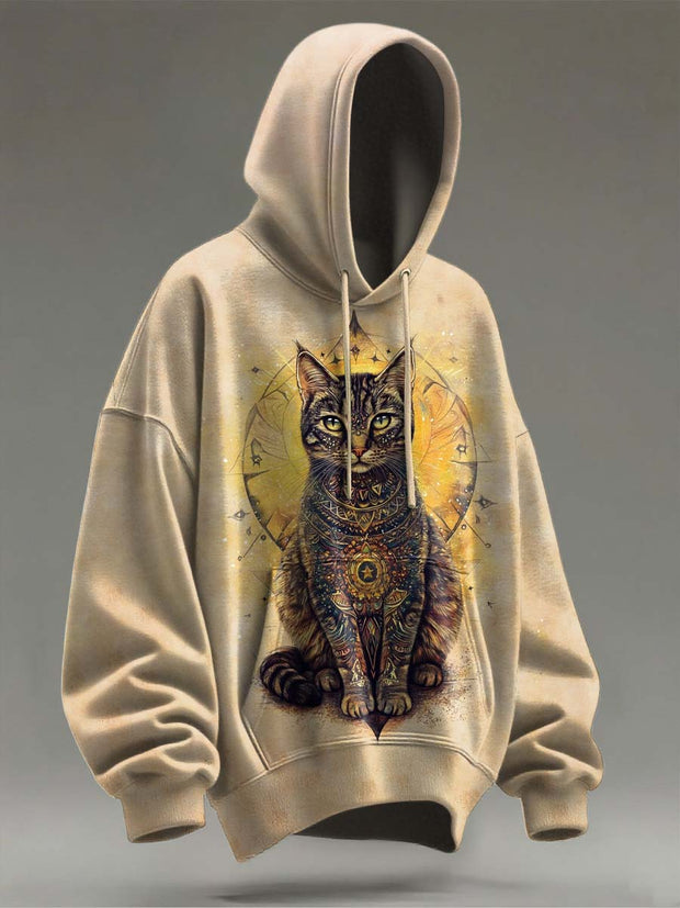 Vintage Cat Print Casual Hooded Sweatshirt