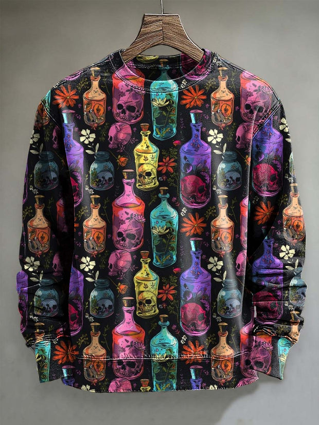 Colorful Abstract Bottle Skull Print Casual Sweatshirt