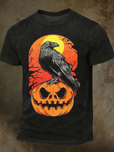 Halloween Raven Pumpkin Print Casual Short Sleeve T-Shirt