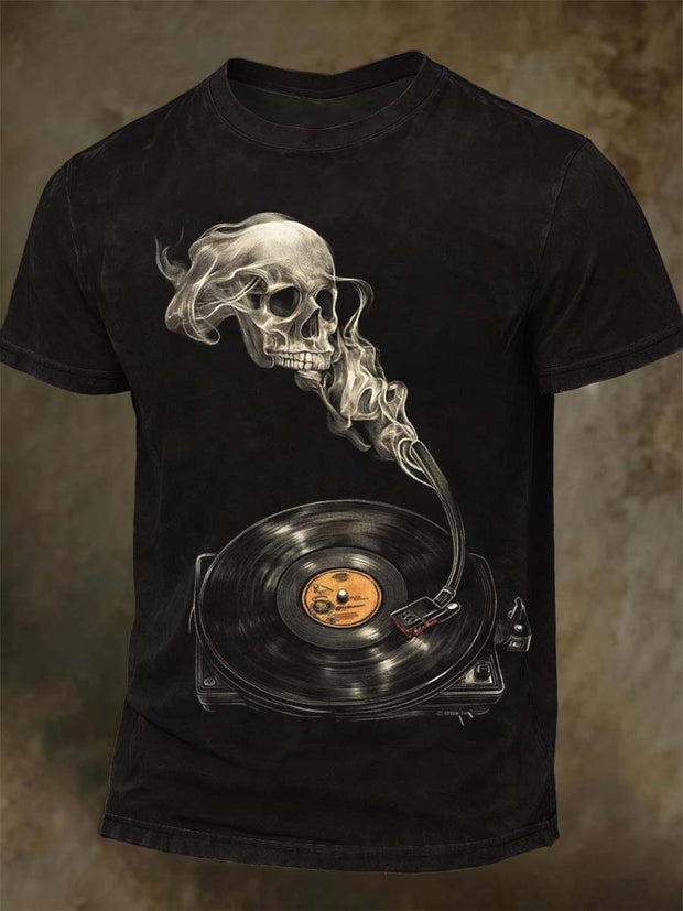 Abstract Skull Gramophone Print Casual Short Sleeve T-Shirt