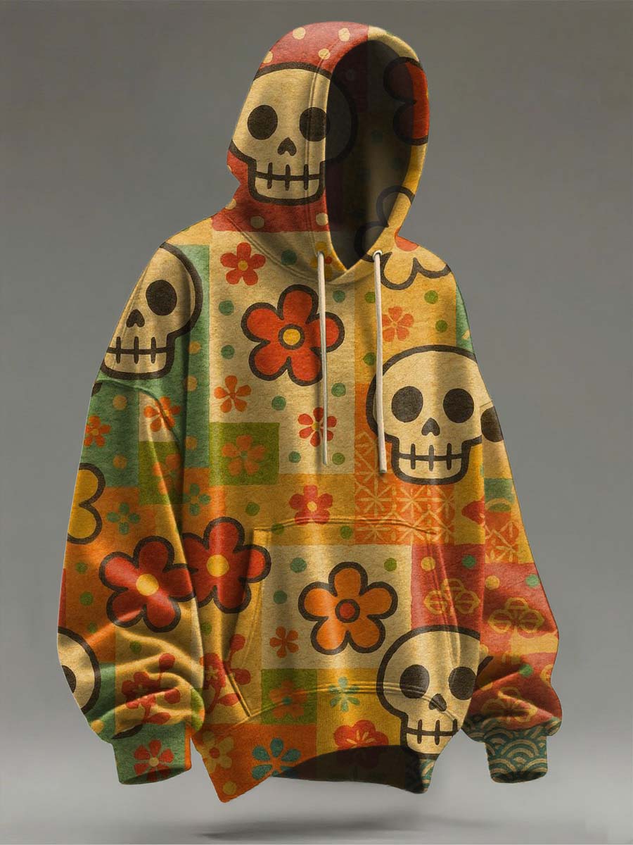 Halloween Skull Floral Print Casual Hooded Sweatshirt