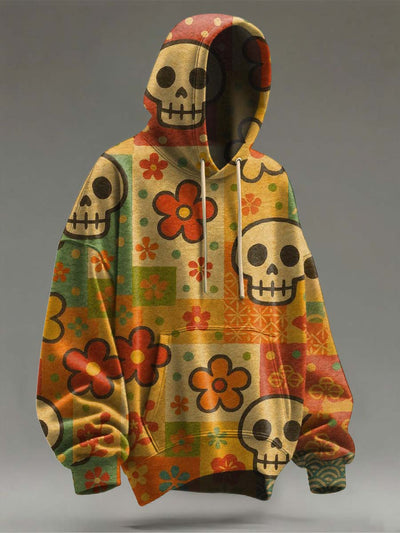 Halloween Skull Floral Print Casual Hooded Sweatshirt
